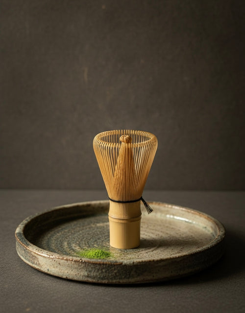 Bamboo tea whisk on a ceramic tray with a dark background