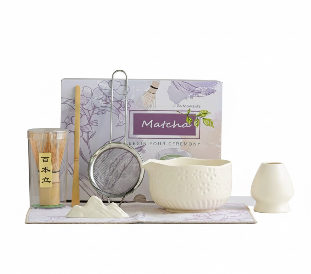 Tea-making set with a box labeled 'Matcha' on a white background