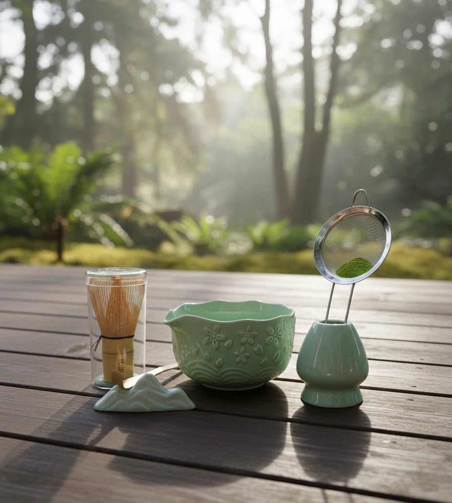 Tea-making set on a wooden table with a forest background