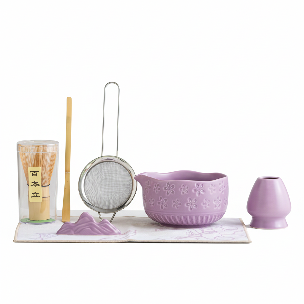Purple ceramic tea set with accessories on a white background